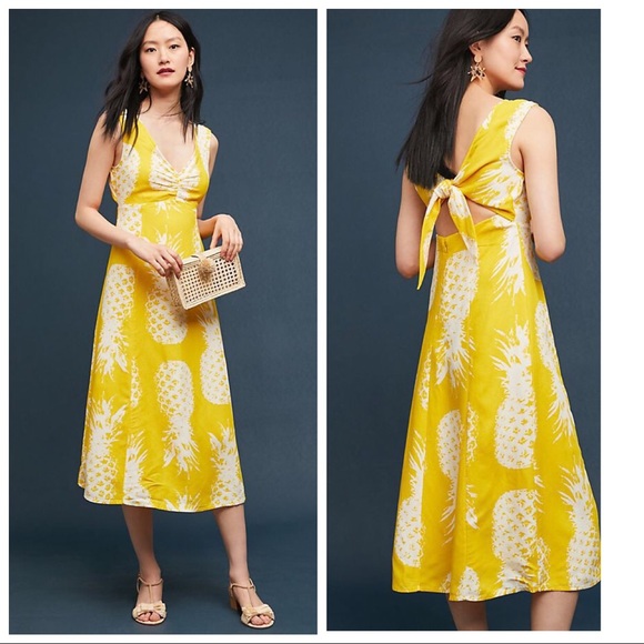 NWT ANTHRO MEAVE Yellow Pineapple Midi Dress 2 - Picture 4 of 7